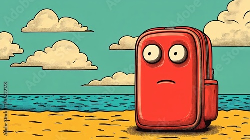 Whimsical red suitcase with eyes on a beach under cloudy blue sky