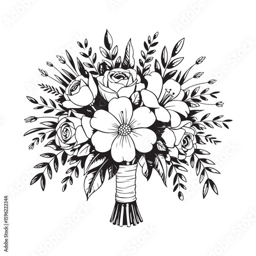 Elegant Floral Bouquet Sketch Featuring Roses, Lilies, and Delicate Foliage Wrapped with a Textured Ribbon for a Wedding