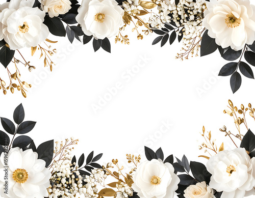 Refined floral design showcasing pure white blossoms, sophisticated dark leaves, and opulent golden details
