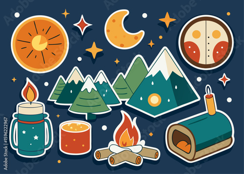 Camping Themed Sticker Pack with Mountains Moon Stars Campfire and Candles on Dark Blue