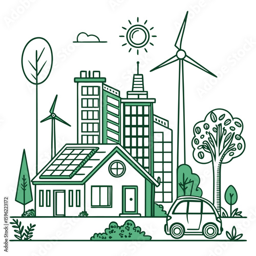 Sustainable city, featuring houses and wind turbines, promoting eco-friendly living and renewable energy