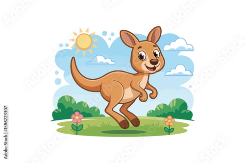 Cute Cartoon Kangaroo Jumping in Sunny Grassland – Child-Friendly Animal Illustration
