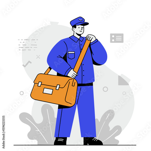 Postal worker holding an orange delivery bag in a graphic style  