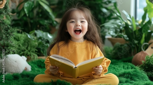 Joyful child reading in lush green garden surrounded by nature