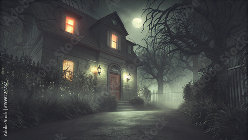 Spooky old house and haunted castle architecture on a dark Halloween night with a scary moonlit sky