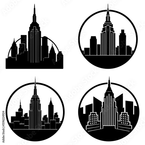 Four black and white skyline illustrations featuring skyscrapers and cityscapes in various arrangements