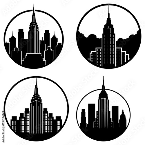 Four circular skyline illustrations featuring buildings and skyscrapers in a black and white color scheme