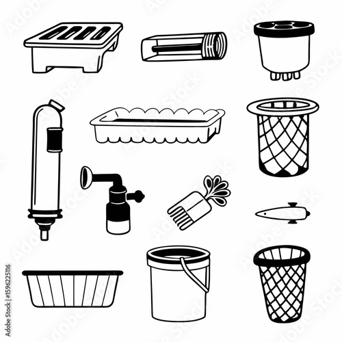 line icons of aquaponics tools,  all tools are separate, white background
