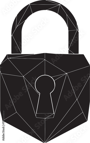 A geometric black padlock illustrating security and privacy on isolated white background