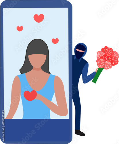 Romance scam, online dating scam, cyber crime concept, woman in love with scammer, hacker chatting online