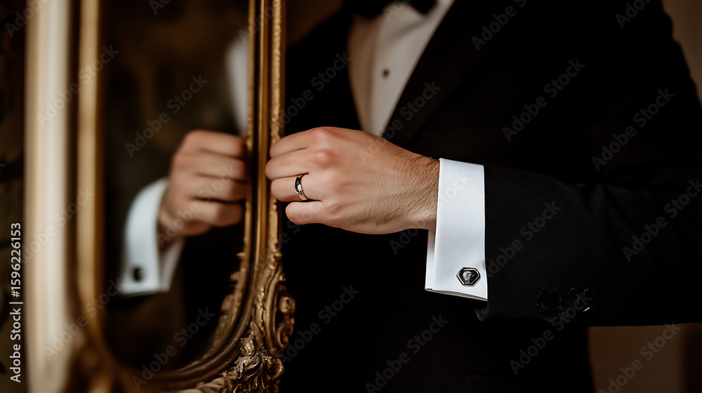 Obraz premium Elegant man in black tuxedo adjusting cufflinks in front of mirror, wearing wedding ring. Formal groom or businessman preparing for event. Luxury, style, and sophisticatio 
