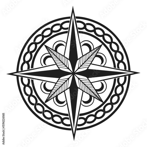 Ornate black compass rose with interwoven border navigational symbol