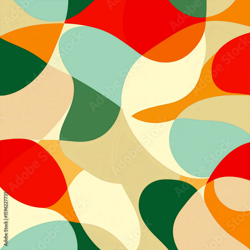 Modern geometric pattern featuring warm orange and turquoise colors with flowing shapes and curves