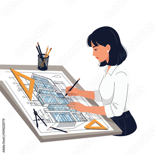 A woman architect is drawing a building plan on a large drafting table with tools.