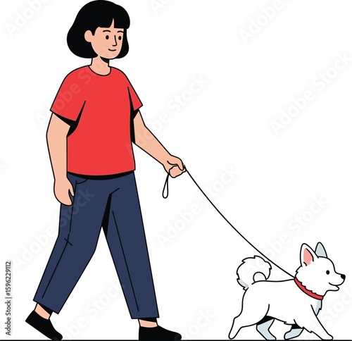 A young woman strolls, casually walking her small, fluffy white dog on a leash.
