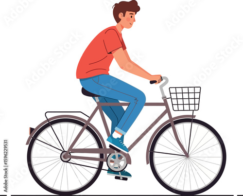 A young man with brown hair rides a bicycle with a basket on a white background.