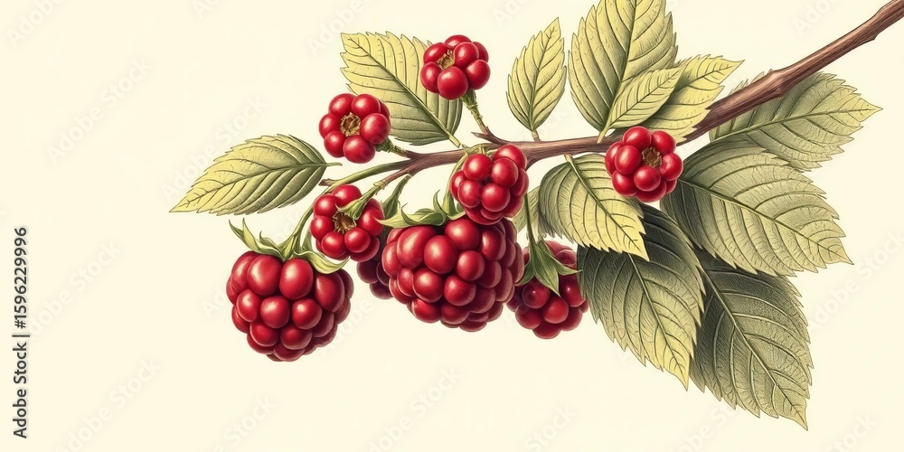 Obraz premium Engraved style raspberry branch with berries and leaves; perfect for vintage designs, line art, branch