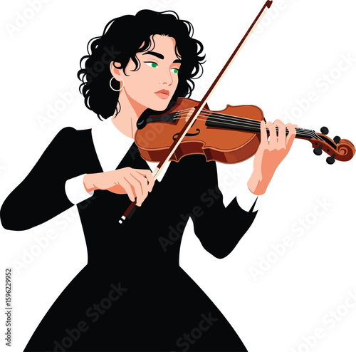 A woman with dark curly hair plays a violin with focused concentration.