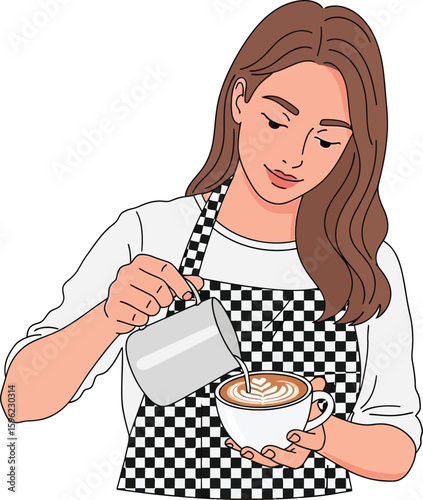 A woman barista expertly pouring latte art into a coffee cup.