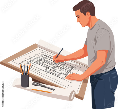 A male architect meticulously reviews and sketches architectural blueprints on a drafting table.