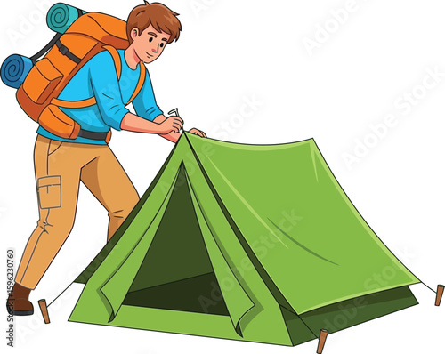 A young hiker sets up a green tent, preparing for camping adventure.