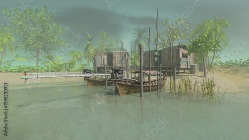 view of small river with old boats and house 3d animation