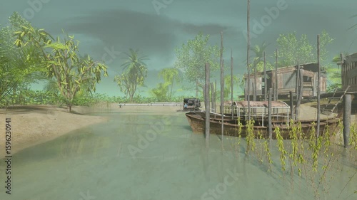 view of small river with old boats and house 3d animation