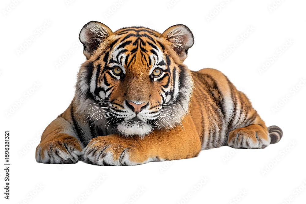Naklejka premium A young tiger cub lies down, facing forward, with striking orange and black stripes against a white background.