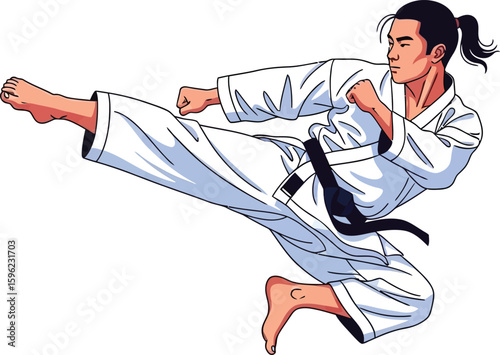 A male martial artist executing a powerful flying kick, focused and determined.