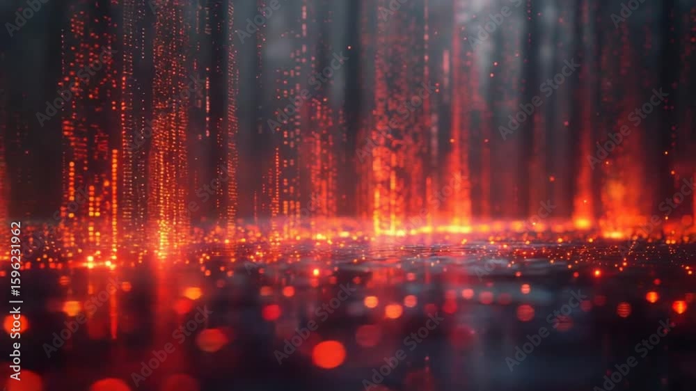 Abstract Visualization of Glowing Red Particle Streams and Data Flowing Downward