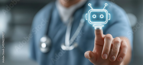 A medical worker use virtual graphic Global Internet connect Chat bot with AI, Artificial Intelligence.Concept of healthcare and medical AI technology services