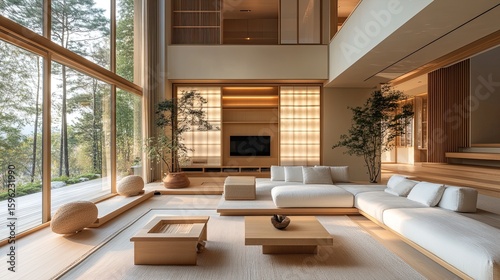 Japanese interior design with minimalist decor, wooden elements, and serene contemporary home ambiance 