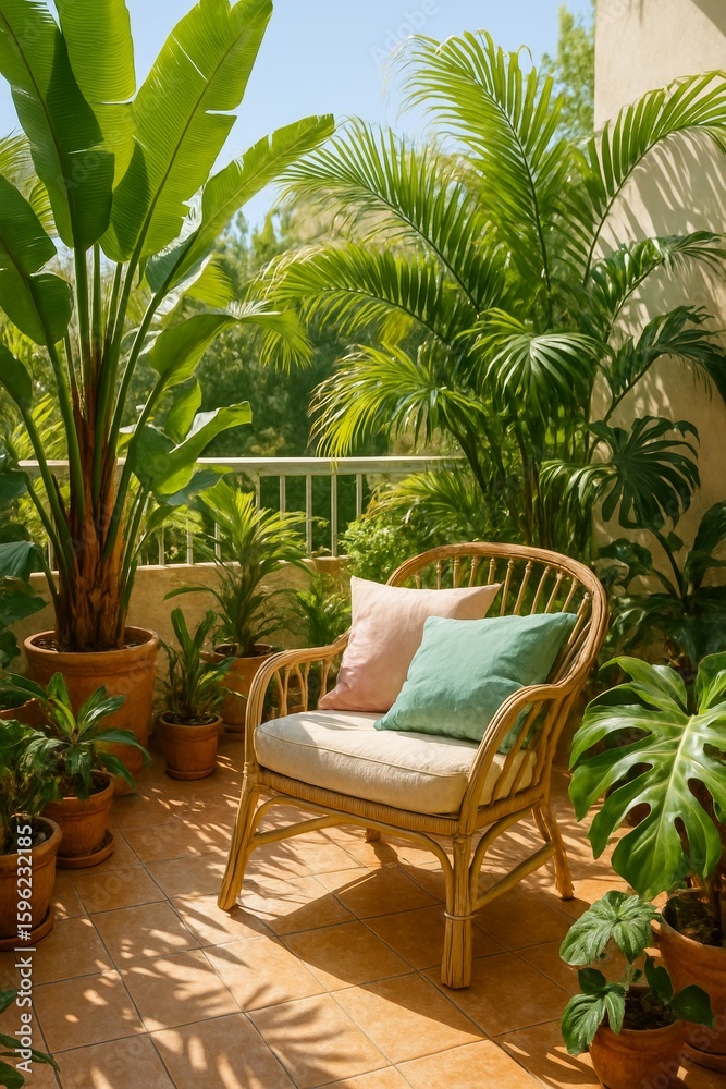 Fototapeta premium Sunny balcony with tropical potted plants and a rattan chair, creating a peaceful and cozy outdoor seating space.