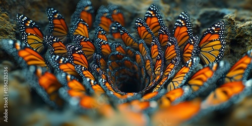 A tunnel effect created by a multitude of monarch butterflies grouped closely together in a circle