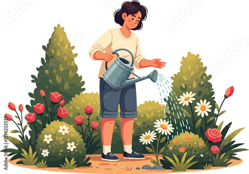 A young woman tending her vibrant garden, carefully watering blooming flowers and lush greenery with a watering can.