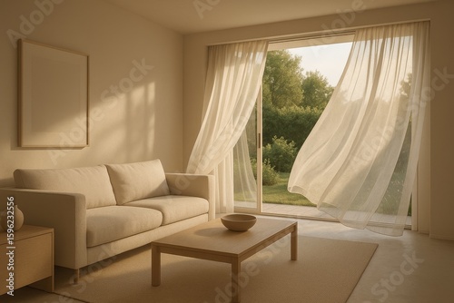 Minimalist living room with beige furniture and flowing curtains, bathed in soft natural light from a garden-facing window.

