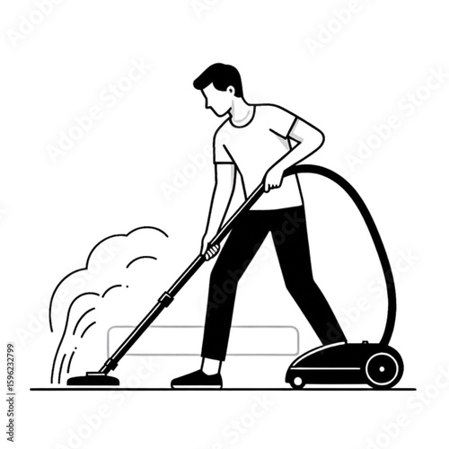 Minimalistic illustration of a young man vacuuming the floor with a vacuum cleaner in a tidy room