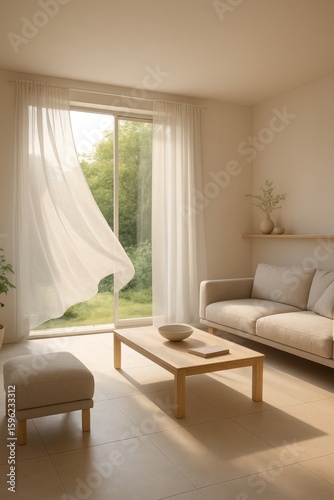Minimalist living room with beige furniture and flowing curtains, bathed in soft natural light from a garden-facing window.

