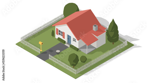 Modern Suburban House with Red Roof, Driveway, Trees, Mailbox, and White Fence—Depicting Peaceful Family Living and Residential Comfort