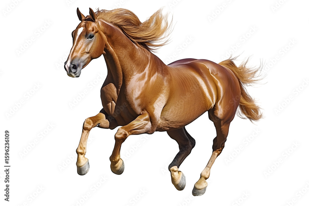 Obraz premium A chestnut horse with a flowing mane and tail galloping dynamically across a white background, showcasing its powerful physique and graceful movement.