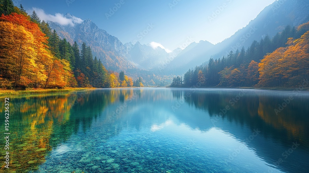 Obraz premium Autumnal lake reflecting mountains
