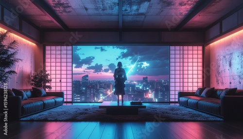 Wallpaper Mural ネオンムーンに立つサイバーパンク侍 Torontodigital.ca