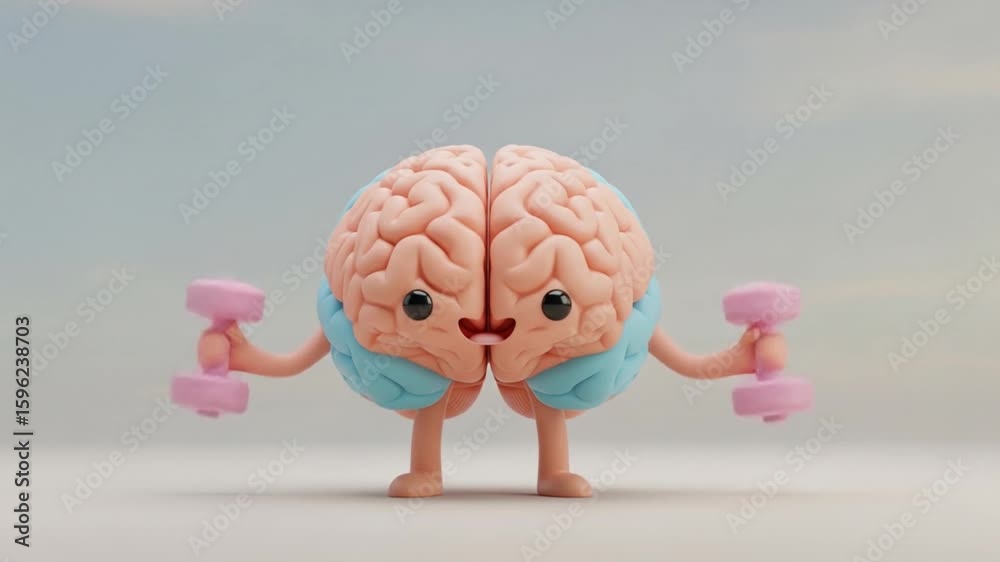 A smiling brain character lifts pink dumbbells, representing mental exercise and cognitive training.