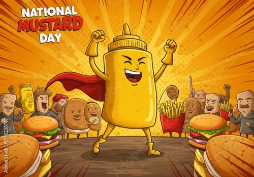 National Mustard Day superhero celebrating food with joyful crowd against a burst background cartoon