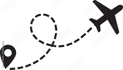 Airplane Flying Along a Dotted Line Path with Location Pin. Concept of Travel, Journey, Vacation, Destination, and GPS Tracking.

