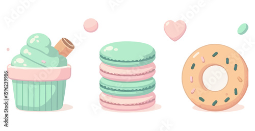 Art of pastel desserts isolated on white background