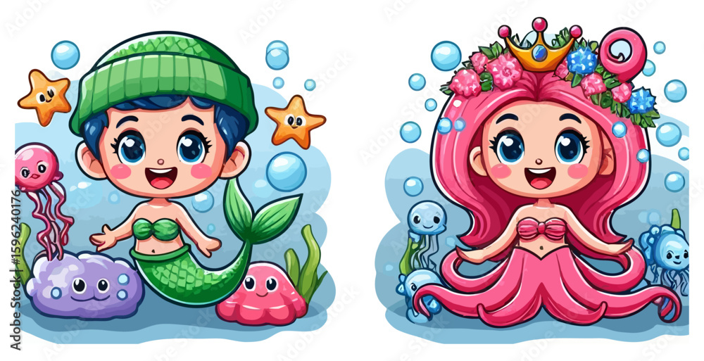 Naklejka premium Art of two cute cartoon mermaids in the sea