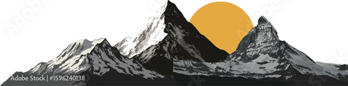 Dramatic Mountain Peaks Landscape with Setting or Rising Sun. Concept of Nature, Adventure, Outdoor Exploration, and Tranquil Horizon.

