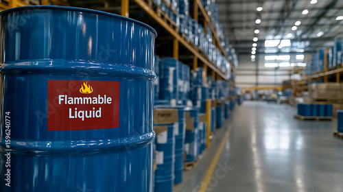 Flammable Liquid Barrel in a Warehouse. Shows safety measures for hazardous materials in an industrial setting, ensuring workplace compliance.