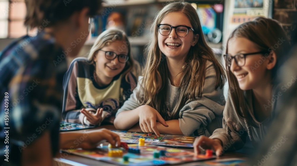 Fototapeta premium A group of teenagers playing a board game in a cozy room. Useful for illustrating friendly gatherings and family leisure time.